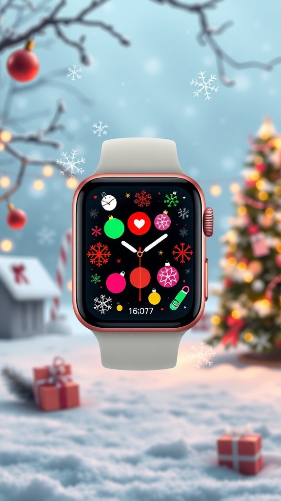 Apple Watch with a Christmas-themed background of snowflakes and ornaments.